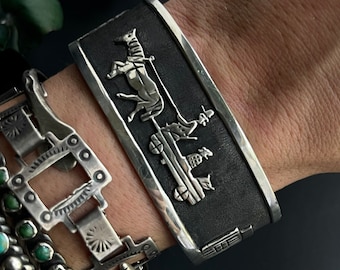 Vintage Storyteller Native American Overlay Navajo Sterling Silver Wide Southwestern Mens Heavy Cuff Unisex Bracelet