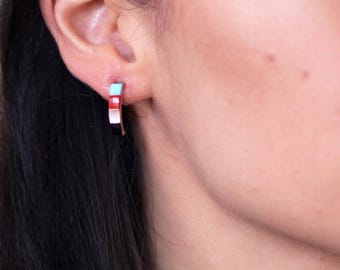 Vintage Native American multicolor Zuni Sterling Silver Turquoise Multi Stone Southwestern Channel Inlay Hoop Post Earrings