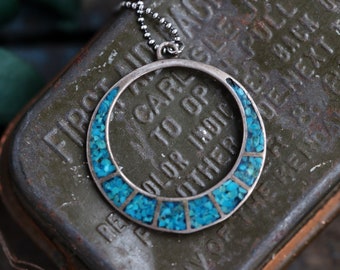 Vintage Zuni Turquoise Chip Inlay Hoop pendant Native American  Sterling Silver crushed turquoise Pendant Southwestern Necklace
