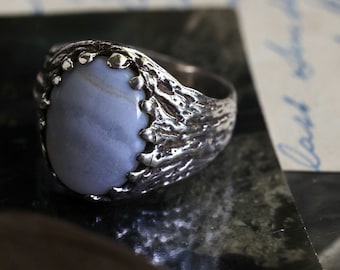 Vintage Sterling Blue Lace Agate Ring Brutalist cast ring mens ring heavy sterling silver signet mid century modern blue lace agate ring
