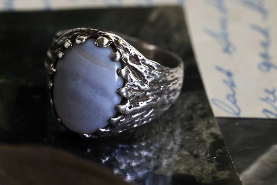 Vintage Sterling Blue Lace Agate Ring Brutalist c… - image 1