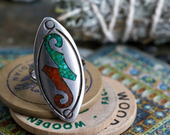 Huge Old Pawn Turquoise Coral Chip inlay Ring Vintage Navajo Elongated Turquoise and Coral Chip Flush inlay crushed turquoise ring sz 8