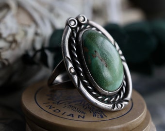Early Vintage Navajo Huge Nevada Green Cerillos Turquoise Ring Sterling Silver Large Native American Greasy Green Turquoise Ring Sz 7