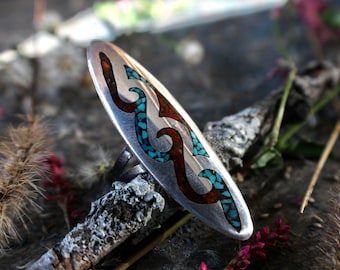 Beautiful Huge Old Pawn Vintage Navajo Elongated Turquoise and Coral Chip Flush inlay ring sz 6