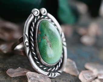 Early Vintage Navajo Huge Nevada Green Cerillos Turquoise Ring Sterling Silver Large Native American Greasy Green Turquoise Ring Sz 7