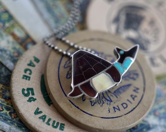 Vintage Zuni Multi Stone inlay Tortoise Pendant Necklace Native American Turtle Pin Pendant Brooch on 16” Sterling Silver Etsate Necklace