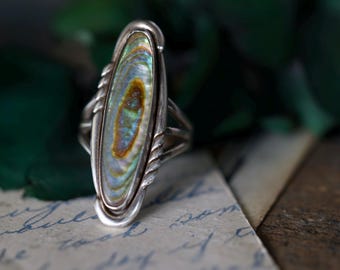 Vintage 1940s Fred Harvey Era Abalone Ring | Sterling Silver Navette Shell Ring | Triple Split Shank Statement Ring Sz 6.75 Southwest