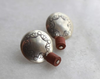 Vintage Large Navajo Hand Stamped Star  Concho Earrings Sterling Silver Native American Pottery Bead Concho Southwestern Dangle Earrings