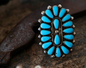 Huge Vintage Navajo Turquoise Cluster Ring | Sterling Silver Petit Point Statement | Old Pawn Southwest Jewelry Size 10 | Sleeping Beauty