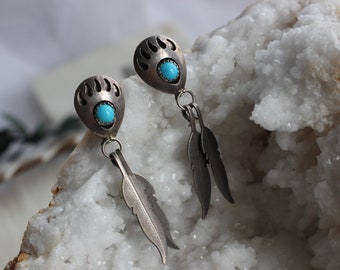 Vintage Navajo Turquoise Shadowbox Bear paw Feather Dangle Earrings Southwestern Sterling Silver Snake Eye Turquoise Bear Dangle Earrings