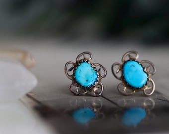 Old Pawn Navajo Turquoise Earrings | Vintage Sterling Silver Scroll Studs | Handmade Southwest Jewelry | Boho Western Collector Gift