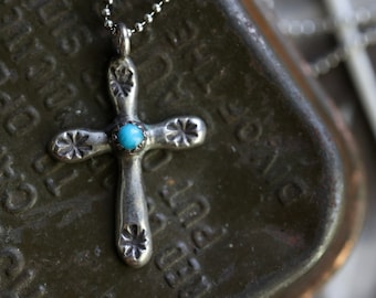 Vintage Native American Navajo Hand Stamped Turquoise Cross pendant Sterling silver Necklace snake eye turquoise cross necklace