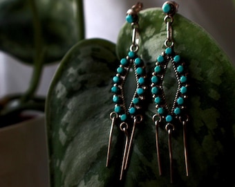 Large Vintage Zuni Turquoise Snake eye Chandelier Dangle Fringe Earrings Native American Sterling Silver Petit point Turquoise Earrings