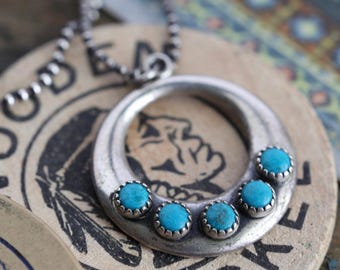Fred Harvey Era Navajo Turquoise NecklaceMedallion Circle Pendant Sterling Silver Snake Eye Cerillos Turquoise Hoop Pendant Necklace