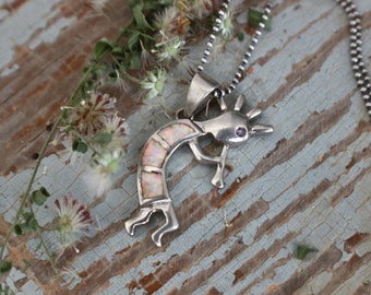 Vintage Zuni Created opal and Amethyst Kokopelli Pendant Sterling Silver Native American Flute Player Southwestern pendant Necklace