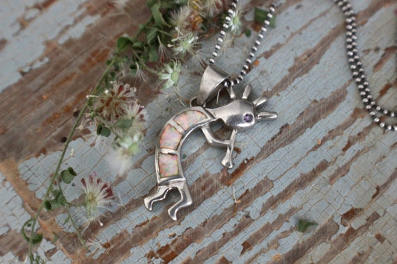 Vintage Zuni Created opal and Amethyst Kokopelli … - image 1