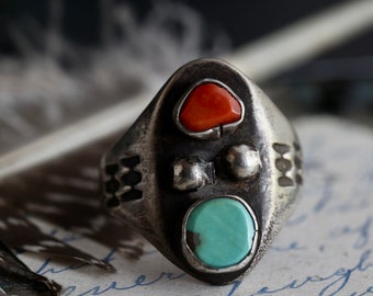 Vintage Navajo Turquoise + Coral Old Pawn Ring Native American Sterling Silver double stone Mens Sterling silver Heavy Biker Ring Sz 10.5