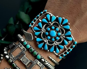 Vintage Zuni Petit Point Turquoise Flower Cluster Cuff Bracelet Southwestern Native American Turquoise Cluster Cuff Sterling Silver Bracelet
