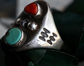 Vintage Navajo Turquoise + Coral Old Pawn Ring Native American Sterling Silver double stone Mens Sterling silver Heavy Biker Ring Sz 10.5