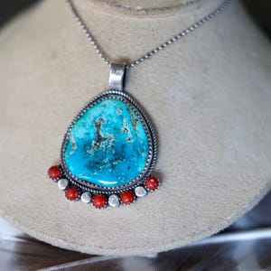 Vintage Navajo Turquoise Pendant Necklace |Sterling Silver w/ High Grade Arizona Turquoise & Coral Cluster | Old Pawn Southwest Jewelry