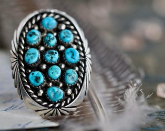 Vintage HUGE Navajo Turquoise Cluster Ring Kingman turquoise Petit point ring Turquoise Ring Southwestern Sterling Silver Native American