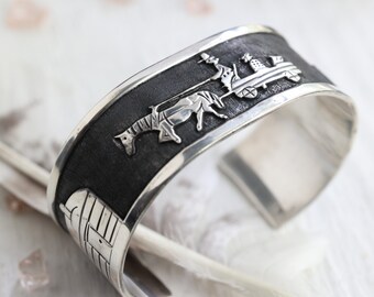 Vintage Storyteller Native American Overlay Navajo Sterling Silver Wide Southwestern Mens Heavy Cuff Unisex Bracelet