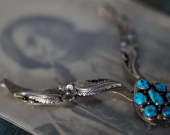 Vintage Navajo Turquoise Teardrop Bib Necklace | Sterling Silver Feather & Blossom Appliqué | Kingman Cluster Pendant | Southwest Boho 25”