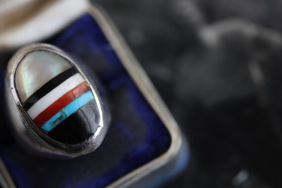 Old Pawn Heavy Zuni Mosaic inlay multi stone ring… - image 5