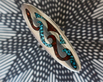 Beautiful Huge Old Pawn Vintage Navajo Elongated Turquoise and Coral Chip Flush inlay ring sz 6