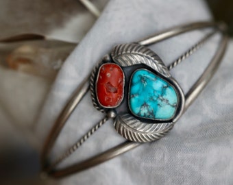 Vintage Navajo Sterling Cuff Bracelet | Turquoise & Red Coral | Squash Blossom Feather Appliqué | Native American Jewelry Heirloom