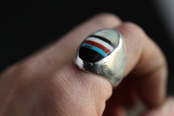 Old Pawn Heavy Zuni Mosaic inlay multi stone ring… - image 10