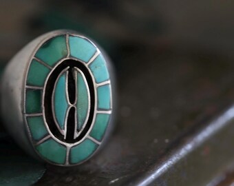 Vintage Zuni EQ Ellen Quam Quandelacy turquoise channel inlay ring sz 10 old pawn heavy sterling silver artisan statement unisex ring