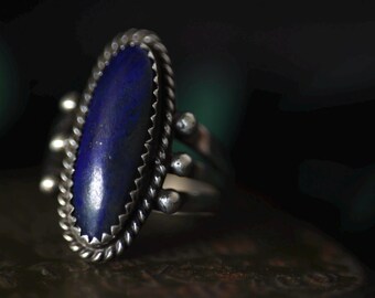 Vintage Navajo Lapis Statement Ring | Sterling Silver Triple Split Shank Sawtooth Bezel Raindrop Beads Signed M Sz 7 Southwest Jewelry