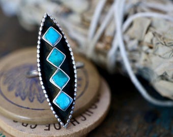Old Pawn 40s Zuni Shadowbox Turquoise Inlay Ring | Vintage Elongated Diamond Navette | Sterling Silver Statement Ring | Size 6.5