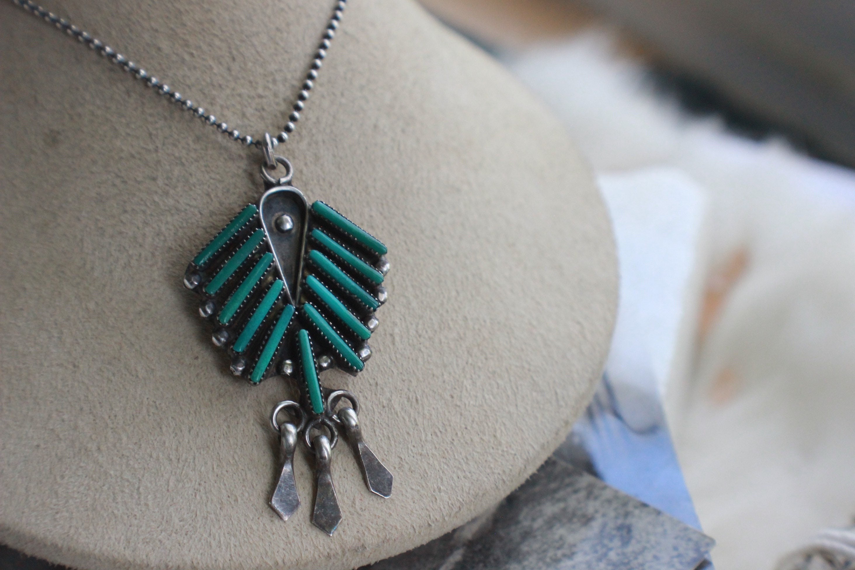 Old Pawn Zuni Needlepoint Turquoise Chandelier Fringe Pendant