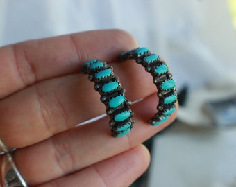 Large Old Pawn Vintage Zuni Petit Point Turquoise Hoop Post Earrings Sterling Silver Statement Native American Turquoise Hoop Earrings