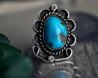 Vintage Navajo Turquoise Ring Kingman Turquoise Silver beaded Ring Large Sterling Silver Turquoise Ring Native American Turquoise Ring 6.5