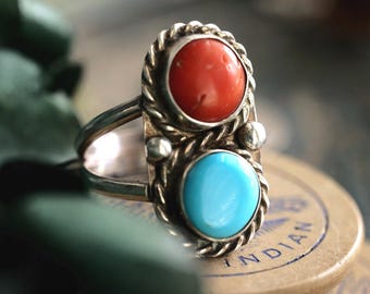 Old Pawn Navajo Turquoise Coral ring Double stone Twisted rope ring Vintage Native American unisex Sterling Silver coral turquoise Ring 8.75