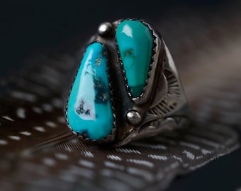 Vintage Navajo Turquoise Cigar Band Ring | Old Pawn Sterling Silver Double Stone Signet | Hand Stamped Unisex Native Ring Sz 10.25