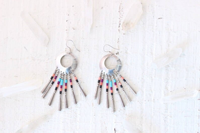 Huge Vintage Native American Sterling Silver Navajo Multi-stone Fringe Concho Dangle Southwestern Earrings