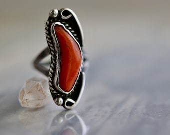 Vintage Large Navajo Red Coral Ring Vintage Red Coral Ring Sterling Silver Native American Elongated Coral southwestern Ring Sz 5