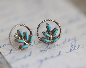 Vintage Zuni Turquoise needlepoint cluster Earrings Native American Sterling Silver Petit point Turquoise Post Earrings early Zuni earrings