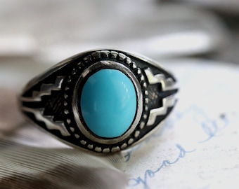Vtg Old Pawn Turquoise Ring Vintage Southwestern Cast southwestern Turquoise Ring Sterling Silver  Turquoise unisex Cigar Band Ring Sz 10.75