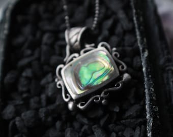Vintage Bohemian Abalone Sterling Silver Rainbow Abalone Shell Pendant on 16” Sterling Chain Necklace