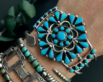 Vintage Zuni Petit Point Turquoise Flower Cluster Cuff Bracelet Southwestern Native American Turquoise Cluster Cuff Sterling Silver Bracelet