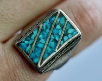 Huge Old Pawn Crushed Turquoise Channel inlay Navajo Turquoise Ring  Rectangular Flush inlay Mens Unisex Heavy Wide Band ring sz 8.25
