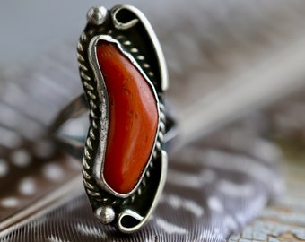 Vintage Large Navajo Red Coral Ring Vintage Red Coral Ring Sterling Silver Native American Elongated Coral southwestern Ring Sz 5