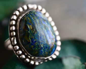 Vintage Azurite Malachite Ring Heavy huge Boho Sterling Silver domed Malachite Azurite ring Brutalist 925 Southwestern ring Sz 6.5