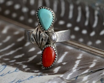 Vintage Navajo Turquoise + Coral Ring Native American Sterling Silver double stone turquoise and red coral feather Ring southwestern Sz 4.5