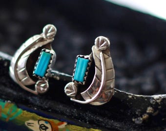 Vintage Zuni Sterling Silver Hand Carved Turquoise Feather Post Earrings